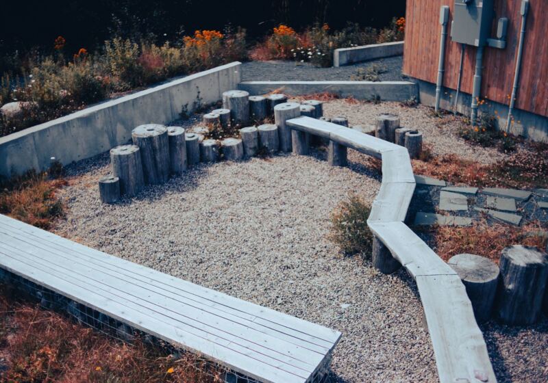 Gravel garden with timber path and log edging