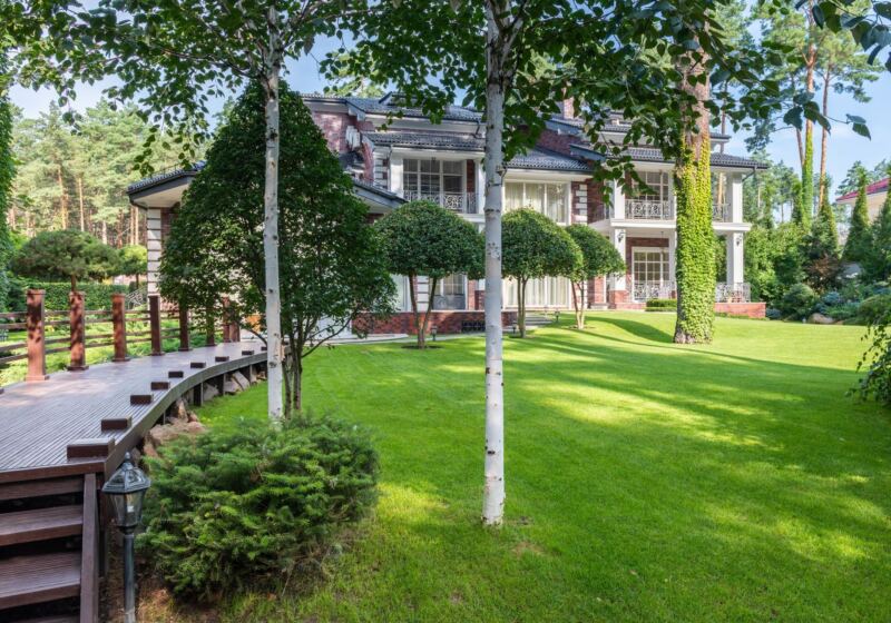Lawn with mature trees and a timber walkway
